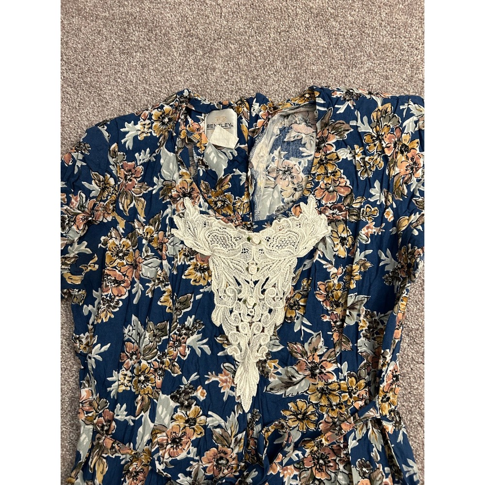 VTG Bentley Floral Midi Dress Womens 14 Blue Excellent Crochet Lace Bib Boho - Picture 4 of 12